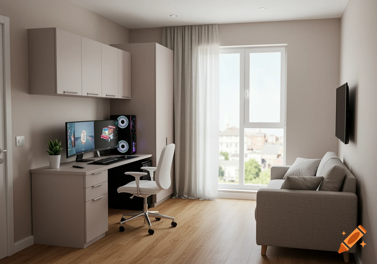 A modern room with a wooden floor, featuring a light gray desk with a dual-monitor PC setup and a gray sofa facing a wall-mounted TV.