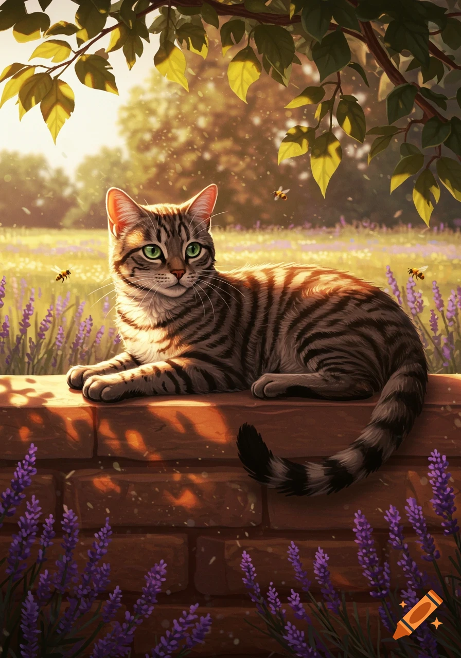 A tabby cat with green eyes lies on a brick wall in a sunny garden with lavender flowers and bees.