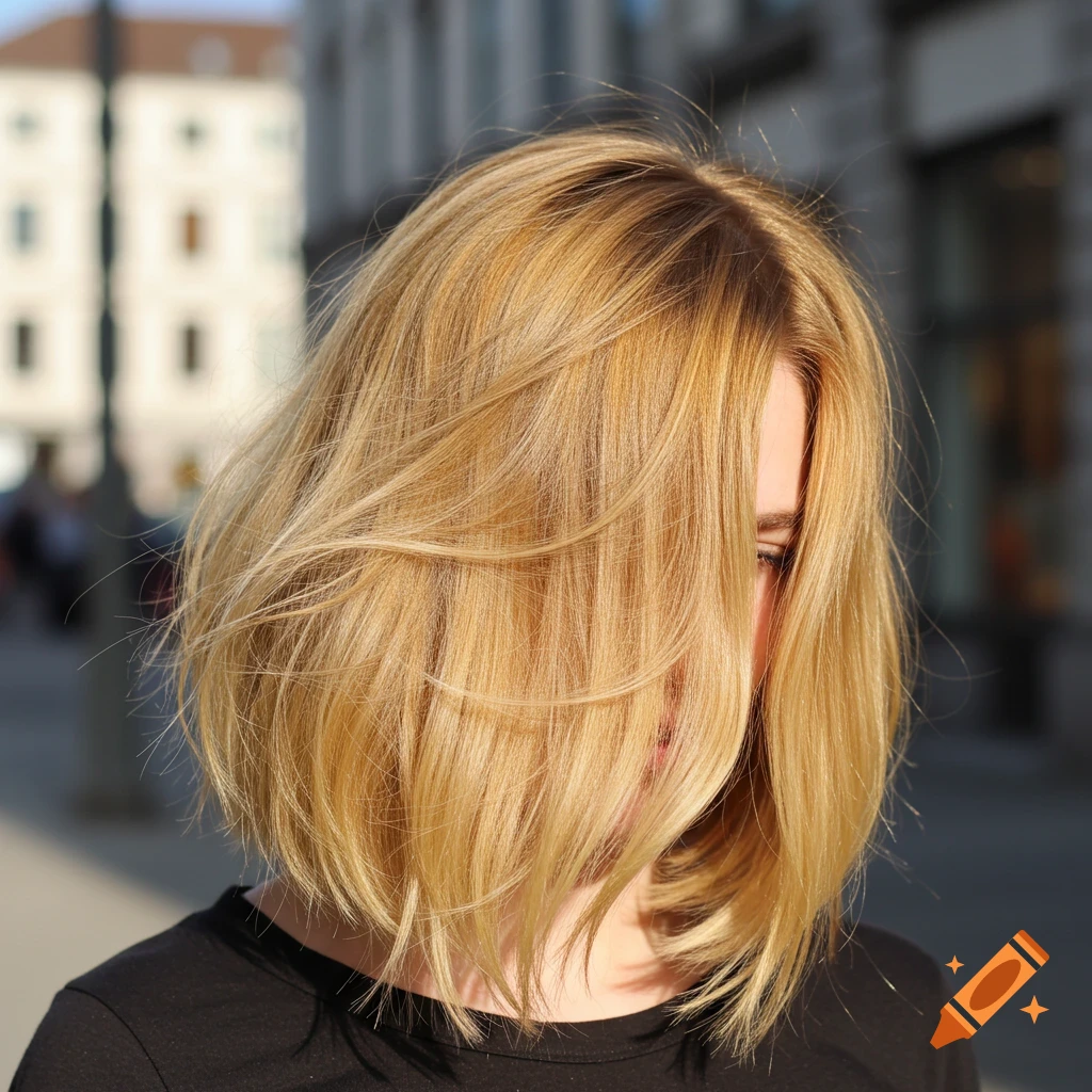Photorealistic portrait of a young person with blonde bob-cut hair obscuring their face, standing outdoors in an urban setting.