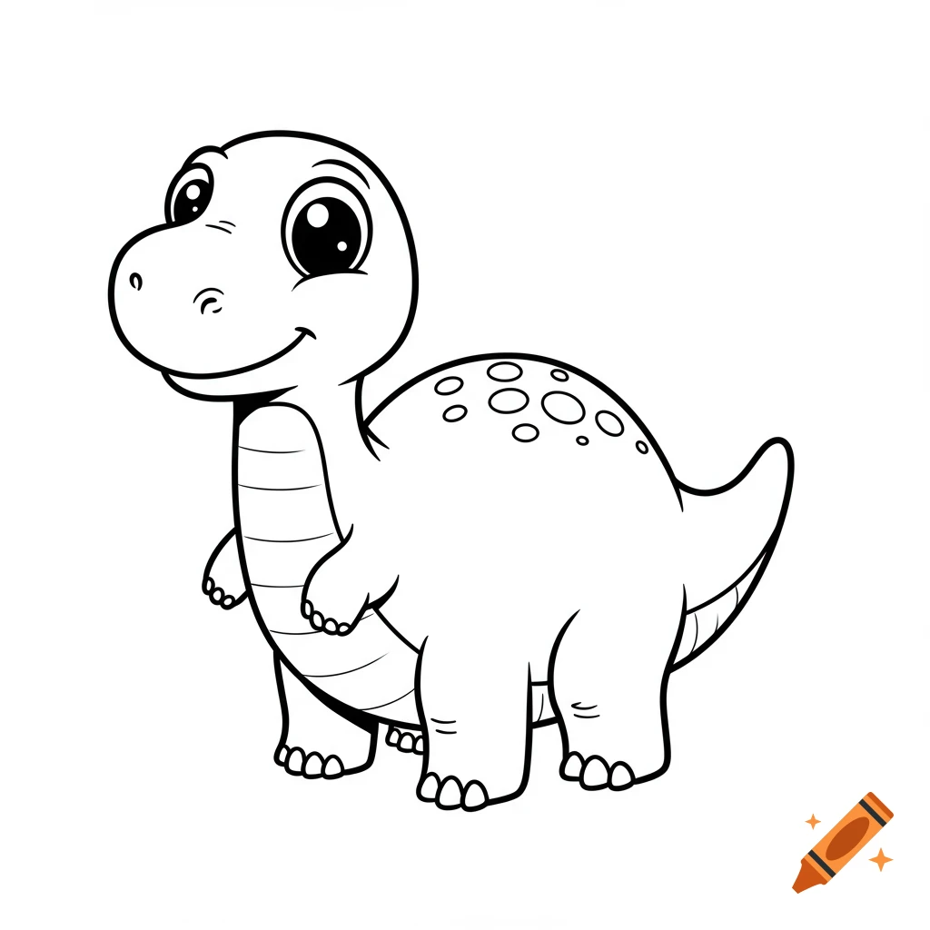 A cute black and white outline drawing of a cartoon dinosaur, suitable for a coloring page.