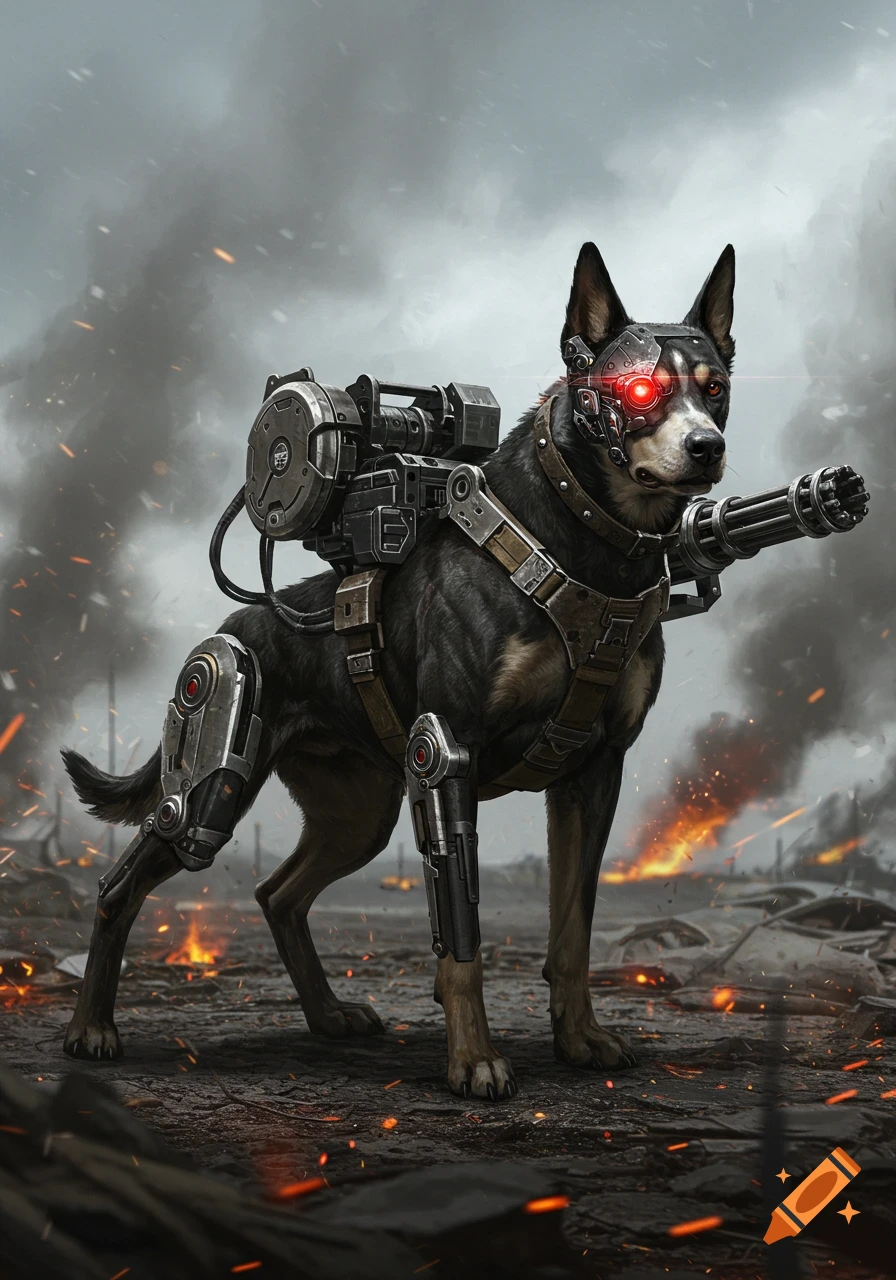 A digital illustration of a combat dog with a robotic eye and a minigun on its back, standing in a smoky, post-apocalyptic scene.