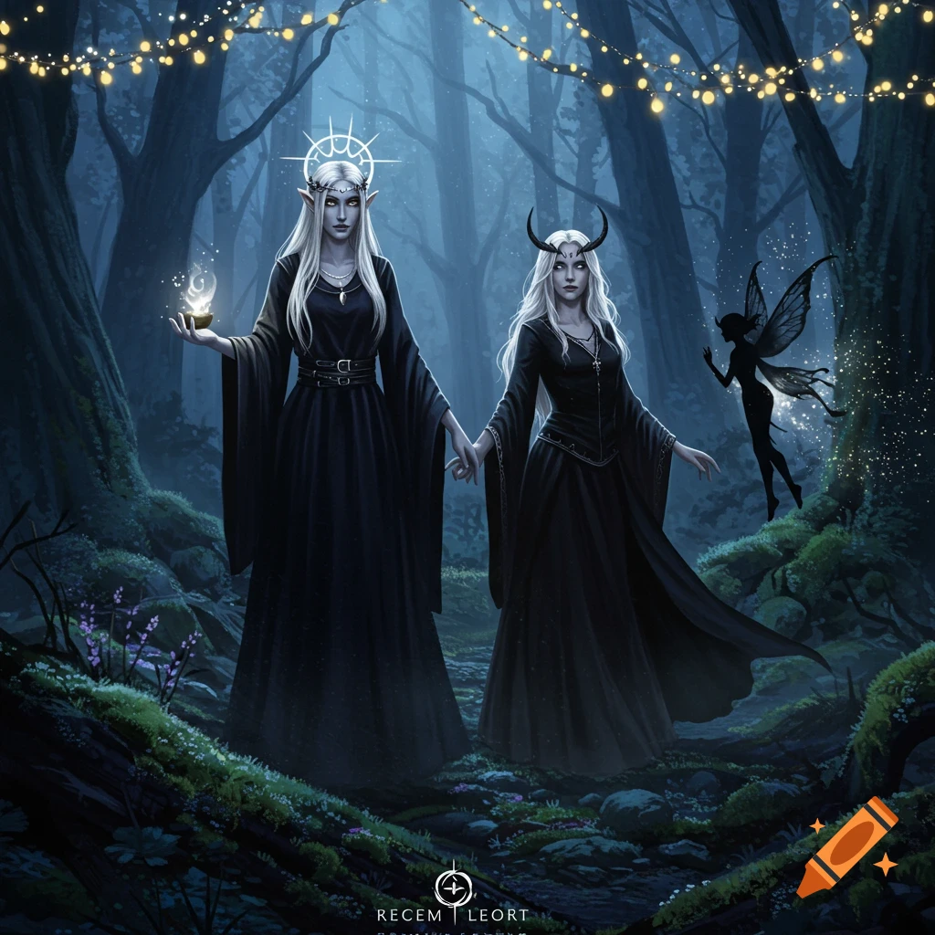 Two pale-skinned fantasy women and a small dark fairy stand in a glowing, dark forest.