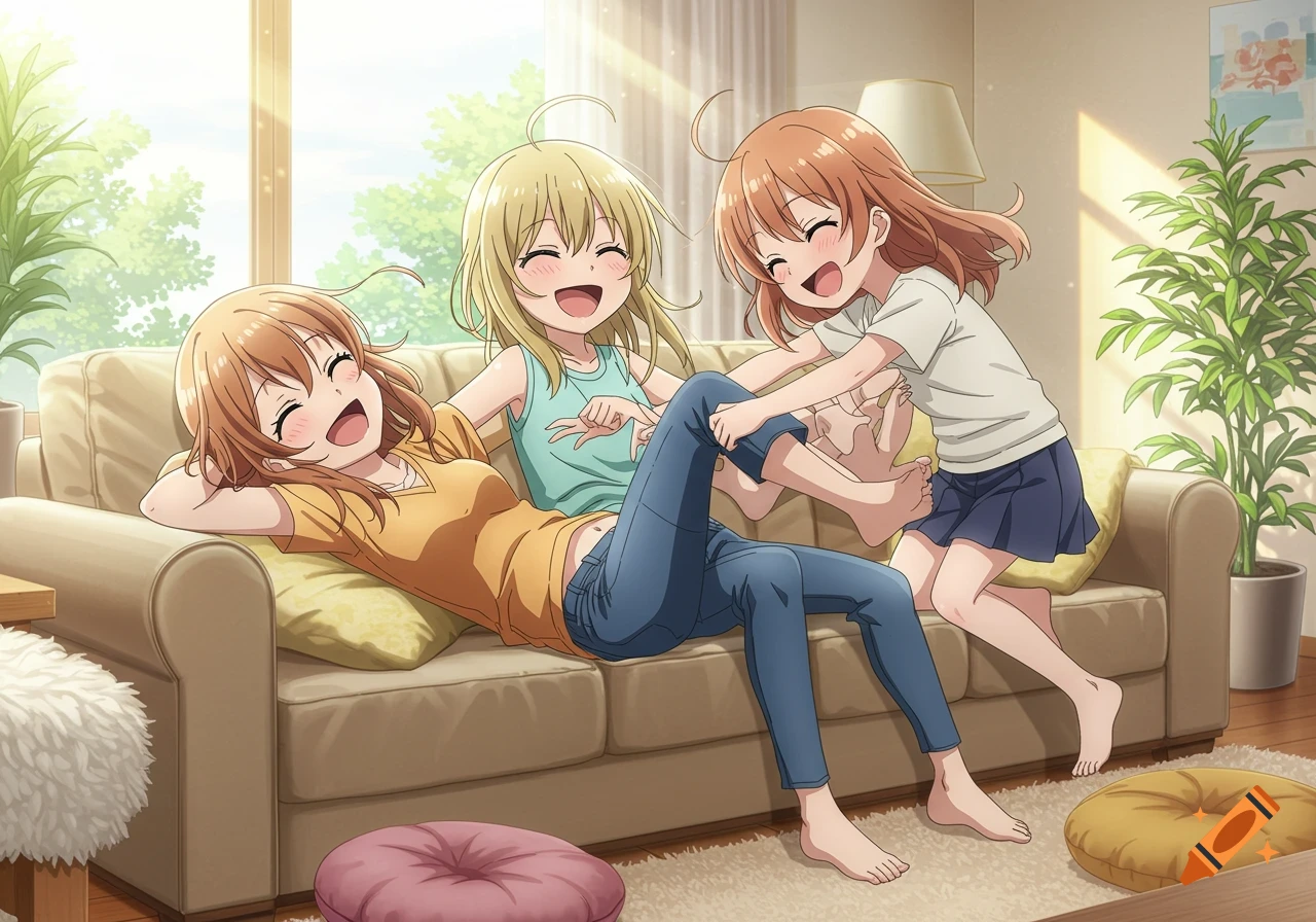 Anime style image of three girls laughing and tickling each other on a couch in a sunlit living room.