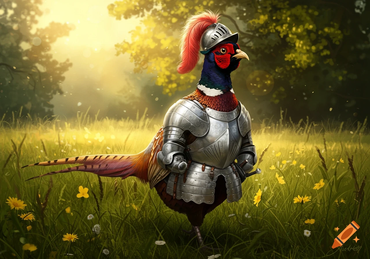 A colorful pheasant wearing shiny silver knight armor stands in a sunlit green field with yellow flowers.