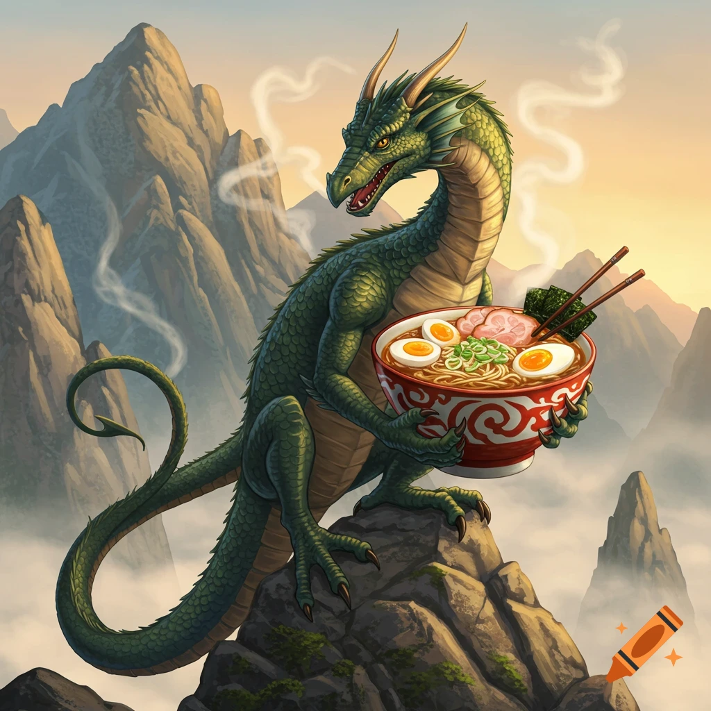 A green dragon perched on a mountain peak, holding a steaming bowl of ramen with chopsticks, set against a sunset sky.