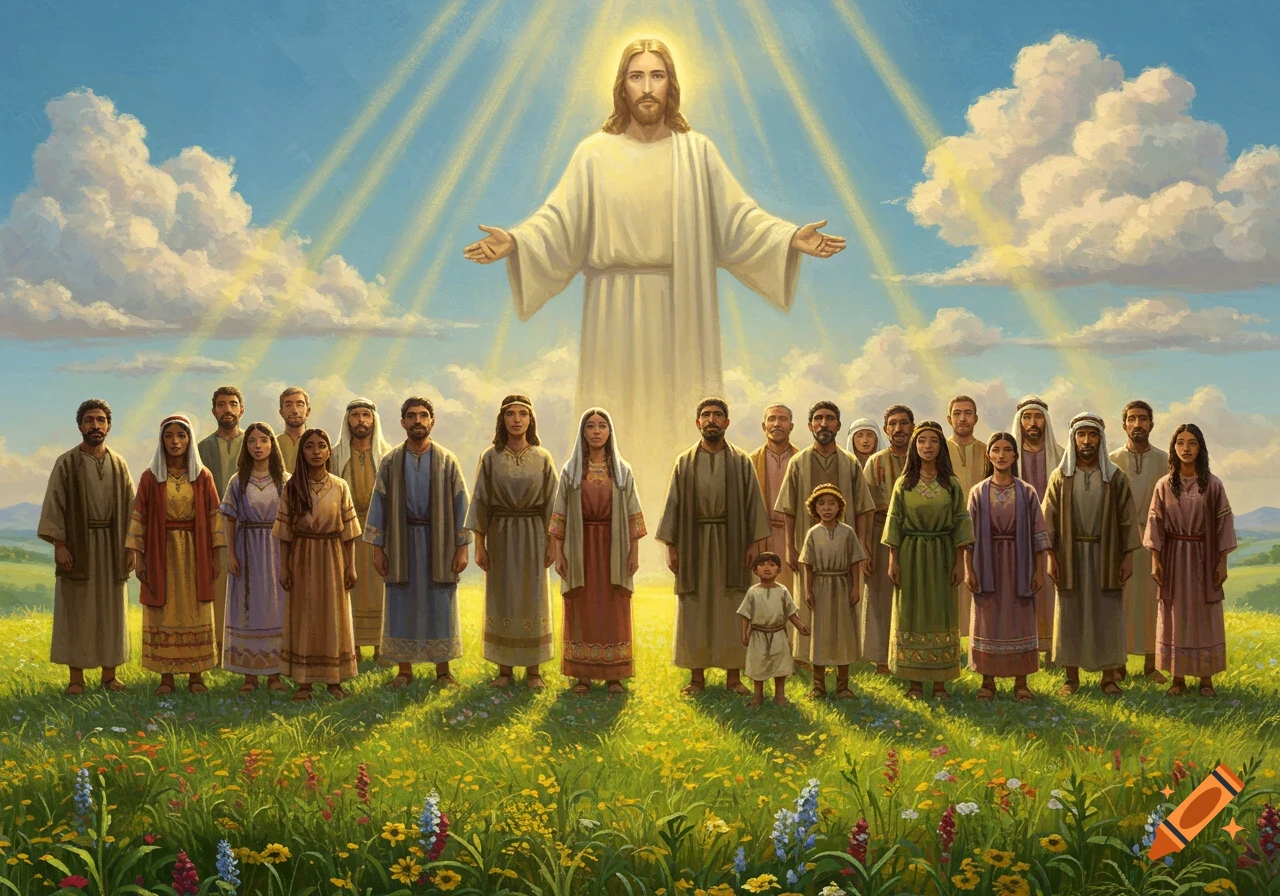 Jesus Christ in a white robe with light rays stands above a diverse crowd of people in ancient attire in a field of flowers under a cloudy sky.