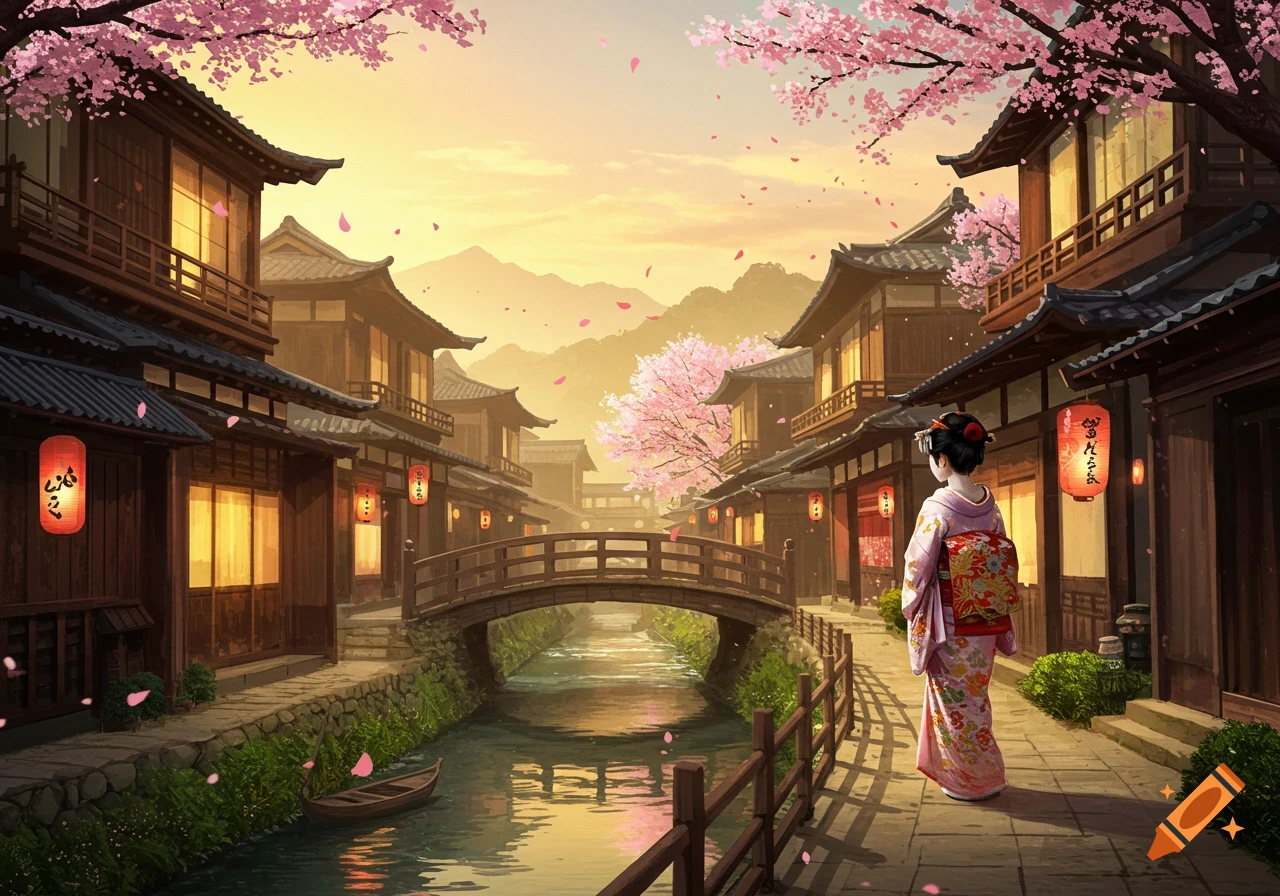 A traditional Japanese town street scene with a woman in a pink kimono by a canal, cherry blossoms blooming in an illustration style.