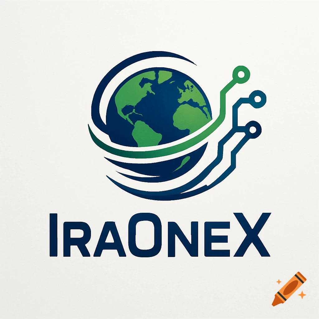 A logo featuring a blue and green globe with circuit board lines and the text IraONEX below it.