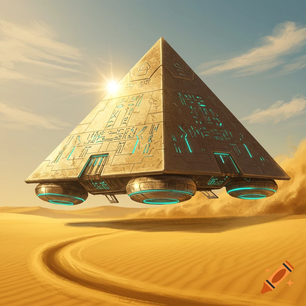 A futuristic pyramid-shaped vehicle with glowing blue details hovers over a vast sandy desert landscape under a clear, sunny sky.