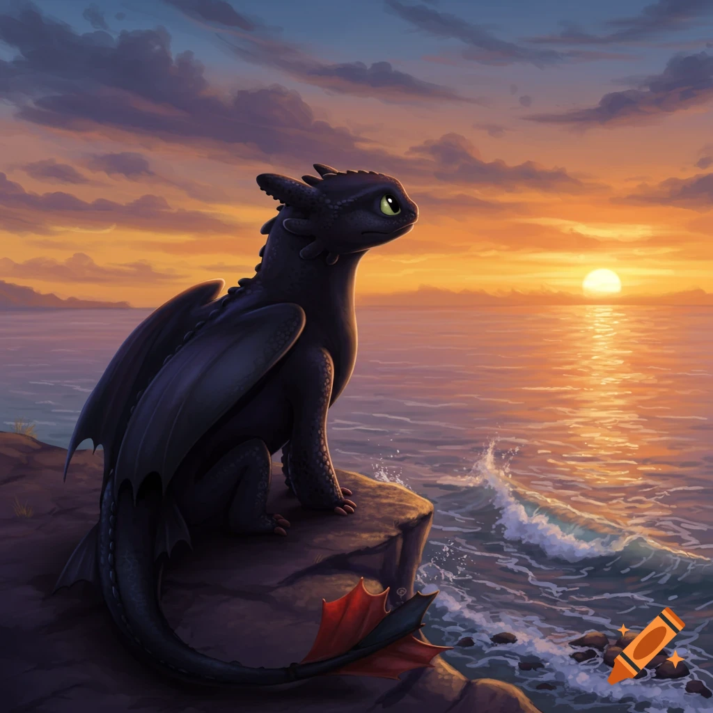 Toothless the black dragon sits on a cliff overlooking a colorful ocean sunset in a stylized digital painting.
