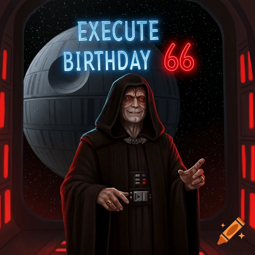 Emperor Palpatine stands in a spaceship corridor with the Death Star visible outside, and neon text 'Execute Birthday 66'.