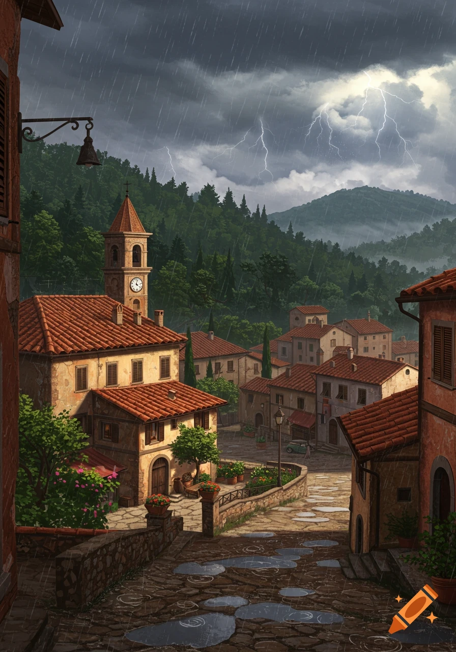 An illustration of an Italian village during a stormy rain, with a church tower, forested hills, and lightning in the sky.