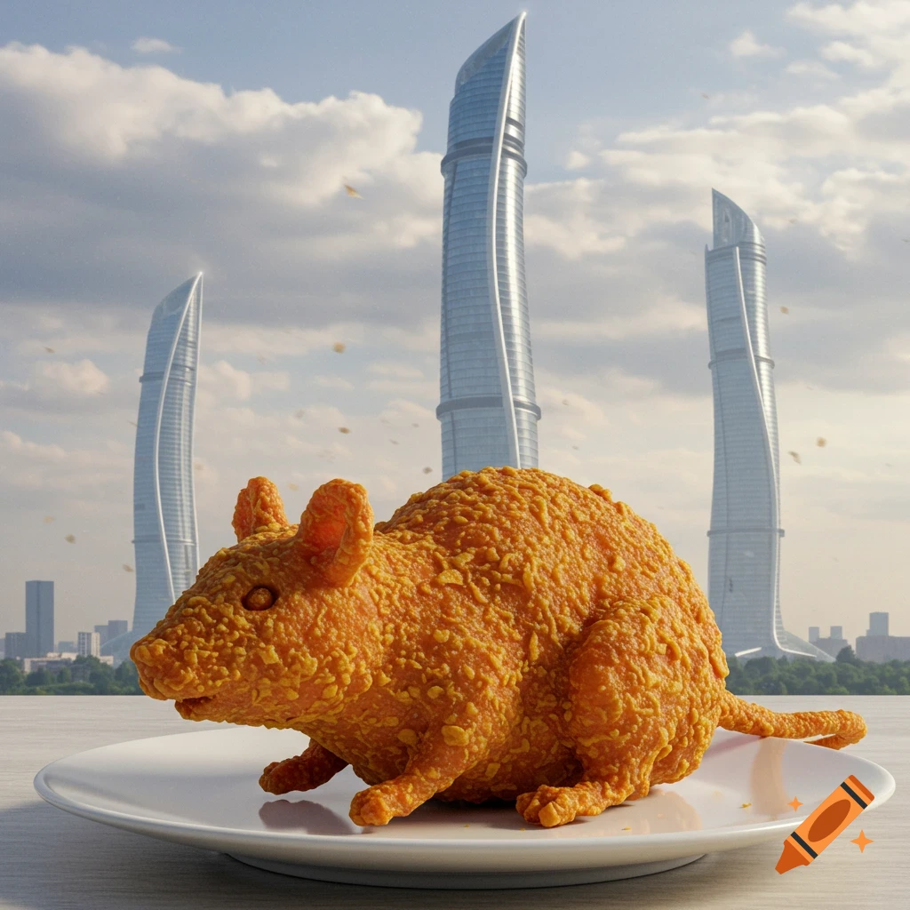 A hyperrealistic image of a fried chicken shaped like a rat, sitting on a white plate. In the background, modern skyscrapers rise under a cloudy sky.