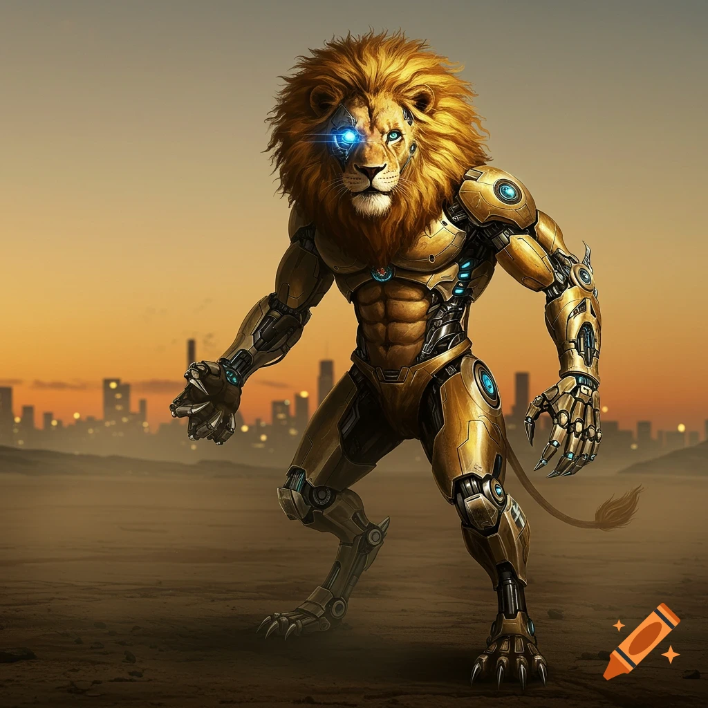 A majestic golden robotic lion with a glowing blue eye stands on a desert plain, a city skyline visible at sunset.