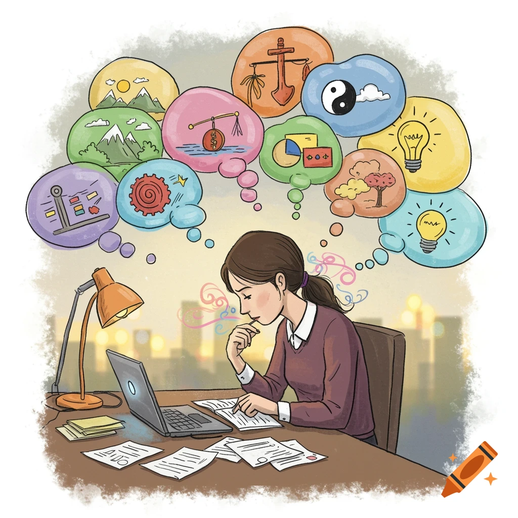 Doodle illustration of a woman working at a laptop with papers, thinking hard with colorful thought bubbles above her head representing ideas.