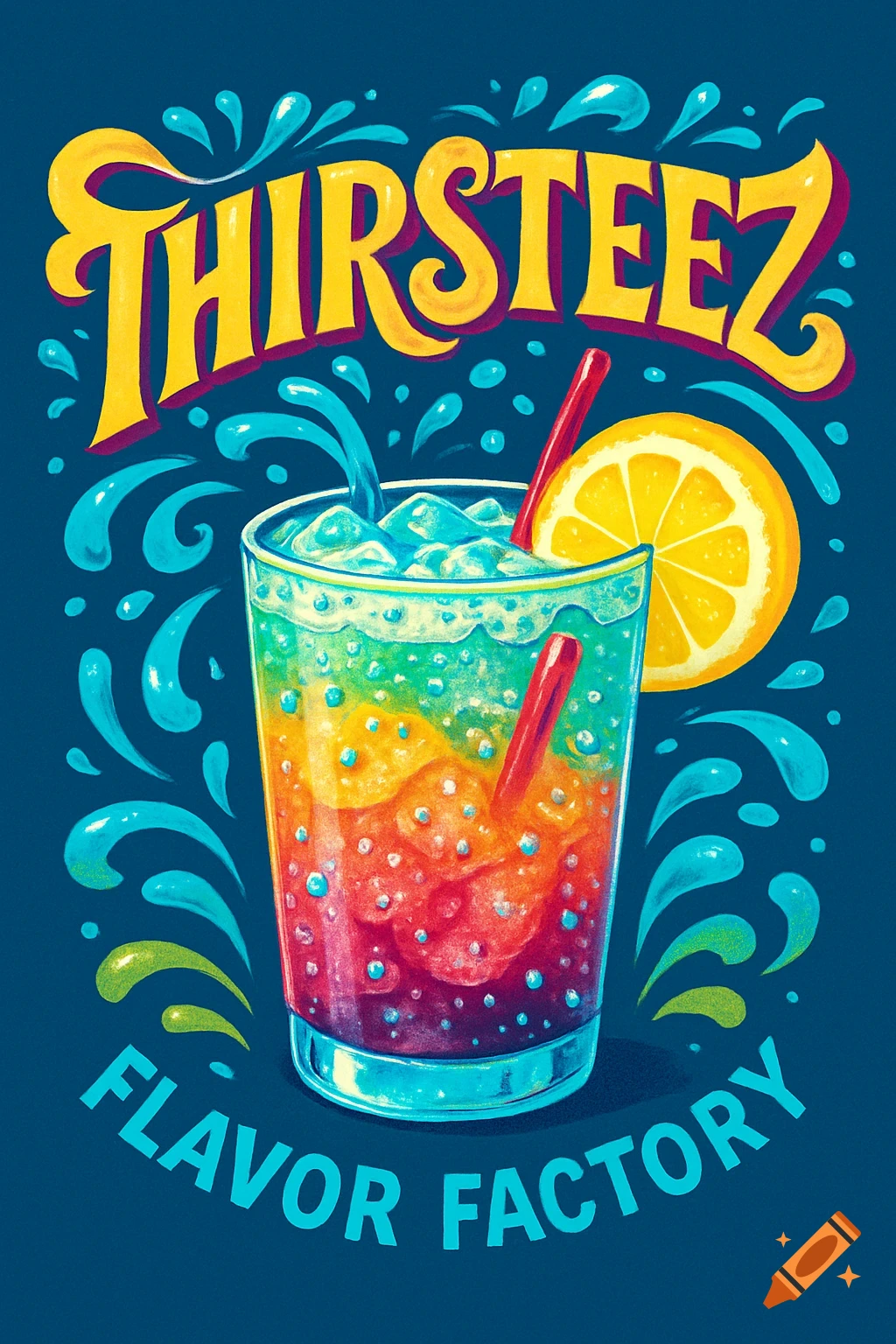 Vibrant illustration of a rainbow-layered drink with lemon and text 'THIRSTEEZ FLAVOR FACTORY' on a dark blue background.
