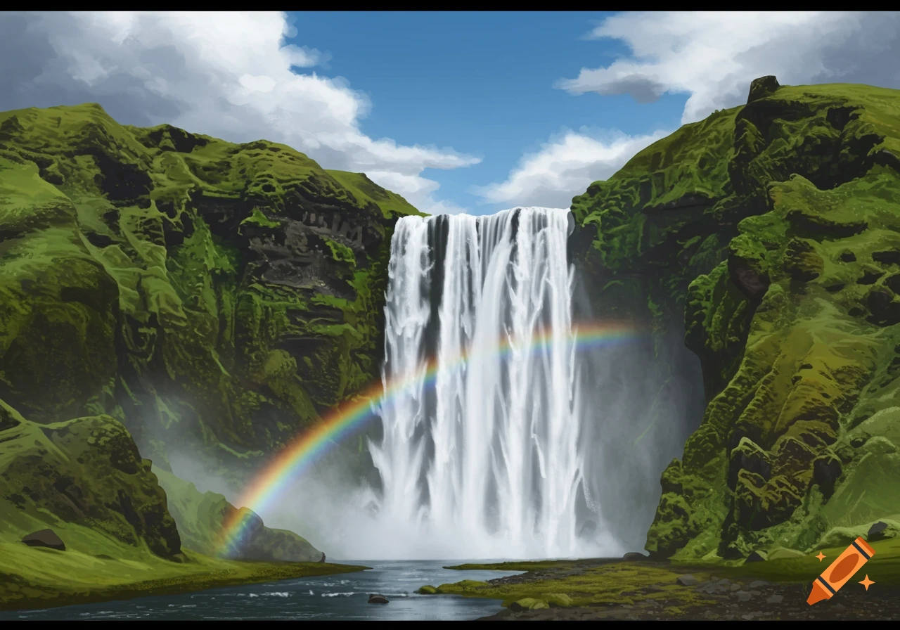 A large waterfall cascades down a mossy green mountain, with a bright rainbow arching over the misty base.