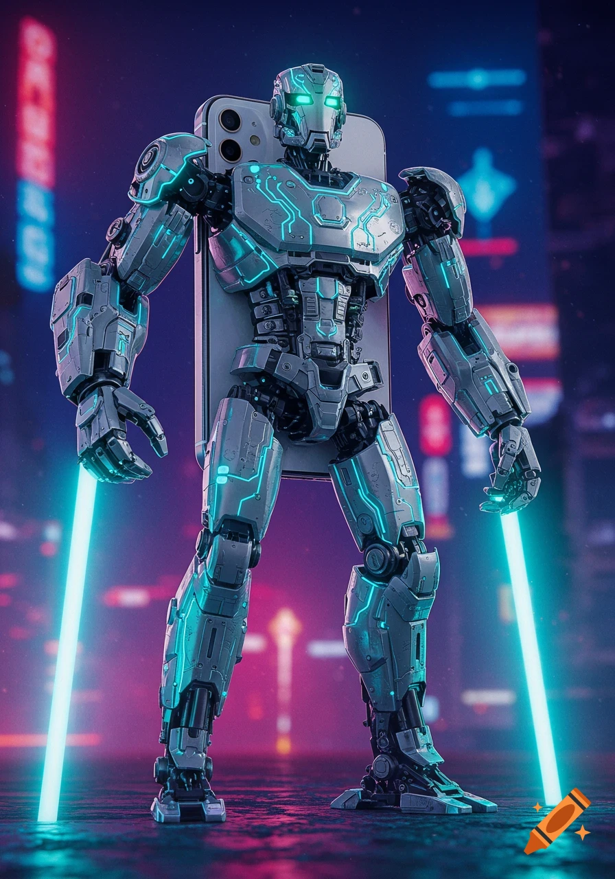 A buff, futuristic robot with an iPhone on its back, holding two glowing blue light sabers in a neon city. Photorealistic.