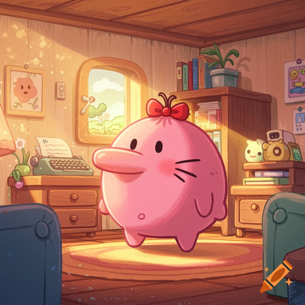 A pink, round Mr. Saturn character with a red bow stands in a cozy, sunlit room with a typewriter and bookshelf.