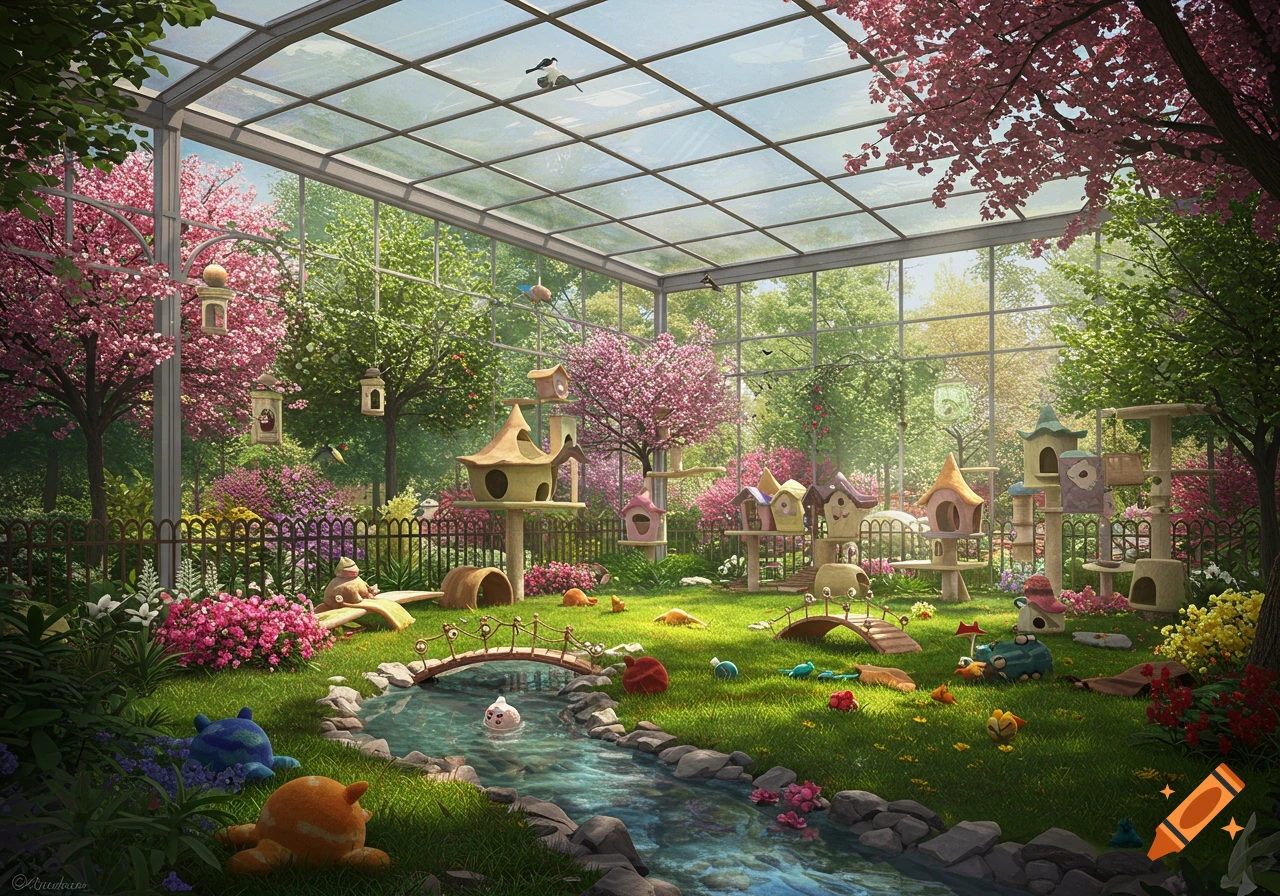 A lush, vibrant cat sanctuary under a glass roof, with cat houses, scratching posts, toys, a stream, and cherry blossom trees.