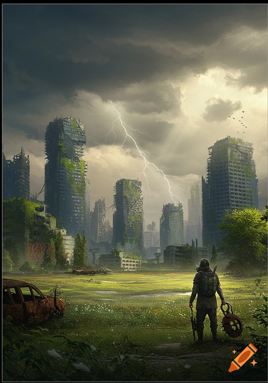 Post-apocalyptic cityscape with overgrown ruined buildings under a lightning storm, a lone figure stands in the foreground.