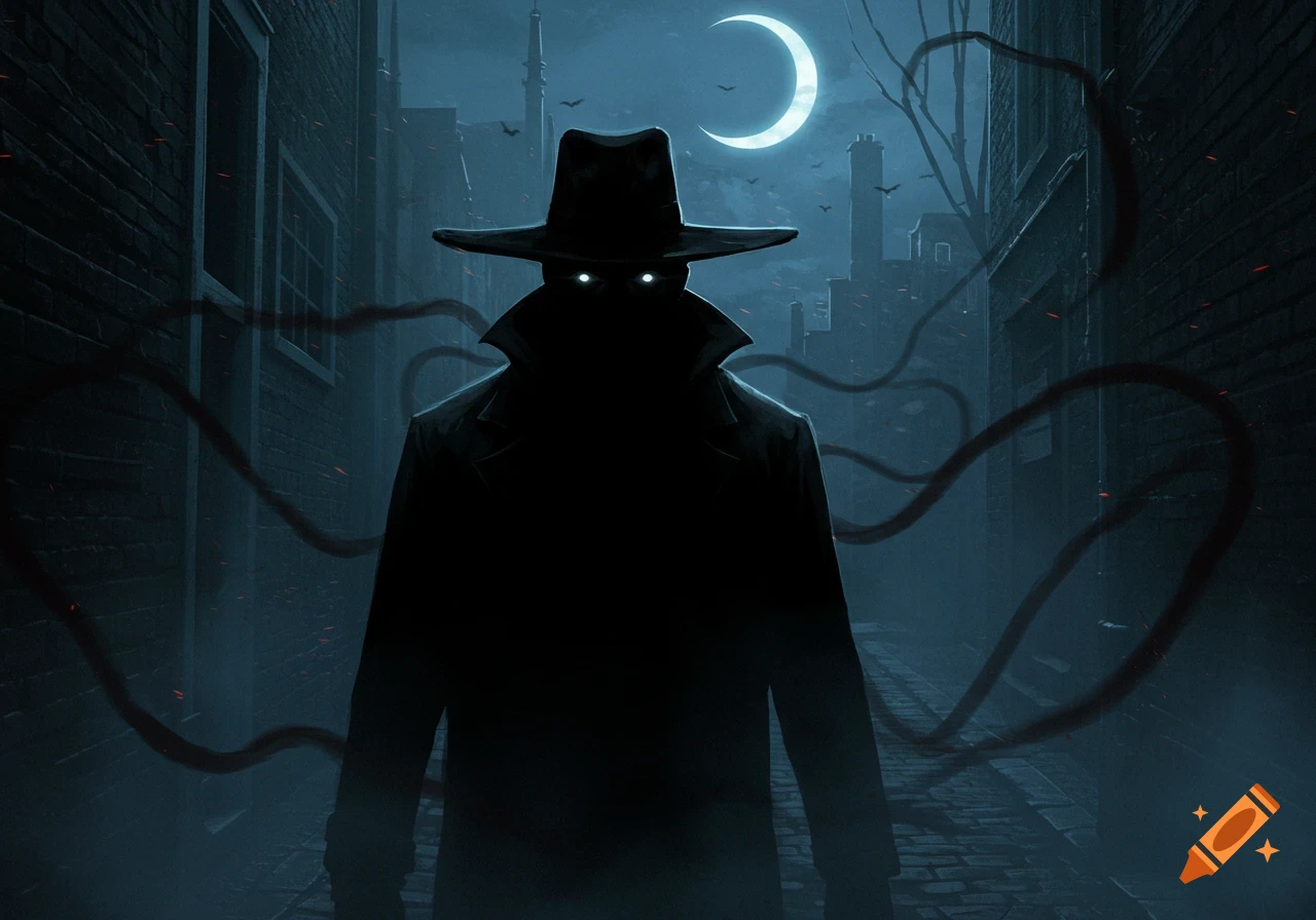 A shadowy figure with glowing eyes, wearing a trench coat and hat, stands in a dark alley under a crescent moon with mysterious tendrils around them. Digital art.