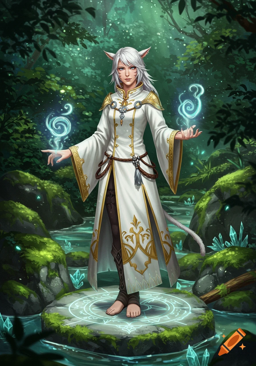 A white-haired, cat-eared female character in a white robe with gold trim stands barefoot on a glowing runic stone in a lush green forest, casting blue magic.