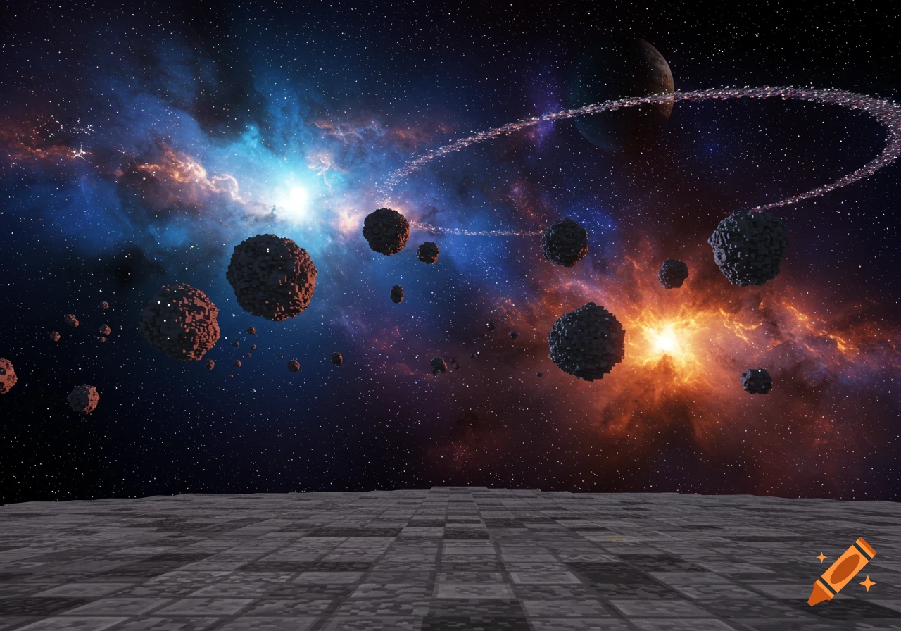 A vibrant galaxy scene with blocky asteroids, a distant planet, and a tiled ground plane, in a Minecraft-inspired style.