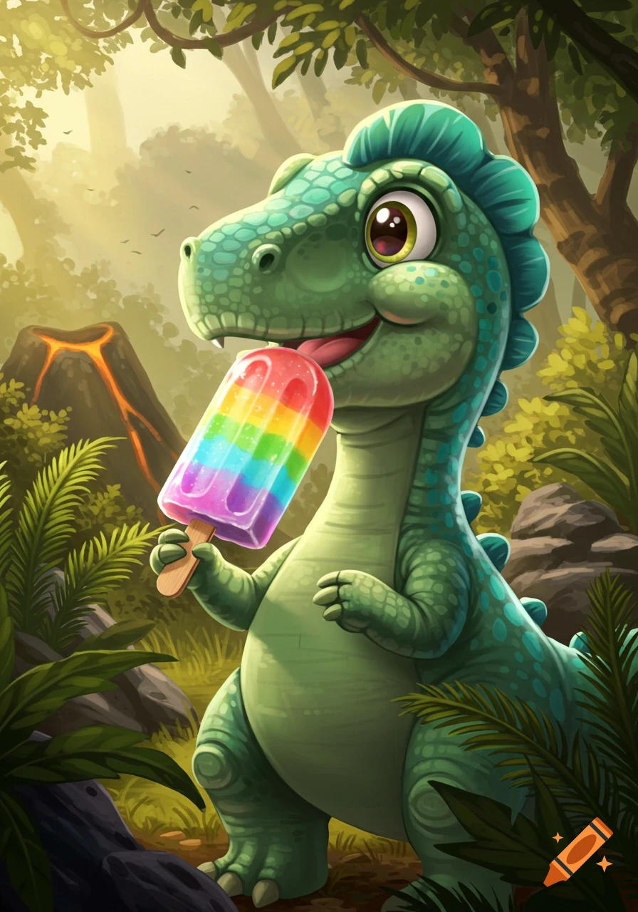 A cute green cartoon dinosaur with large eyes smiles while licking a rainbow popsicle in a lush, prehistoric jungle with a smoking volcano in the background.