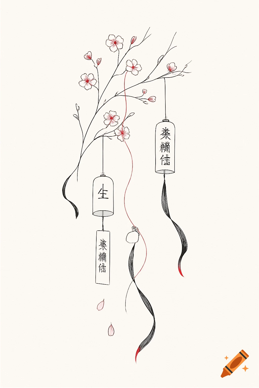 A minimalist black and red line art illustration of cherry blossom branches with delicate flowers and two hanging wind chimes, and flowing ribbons.