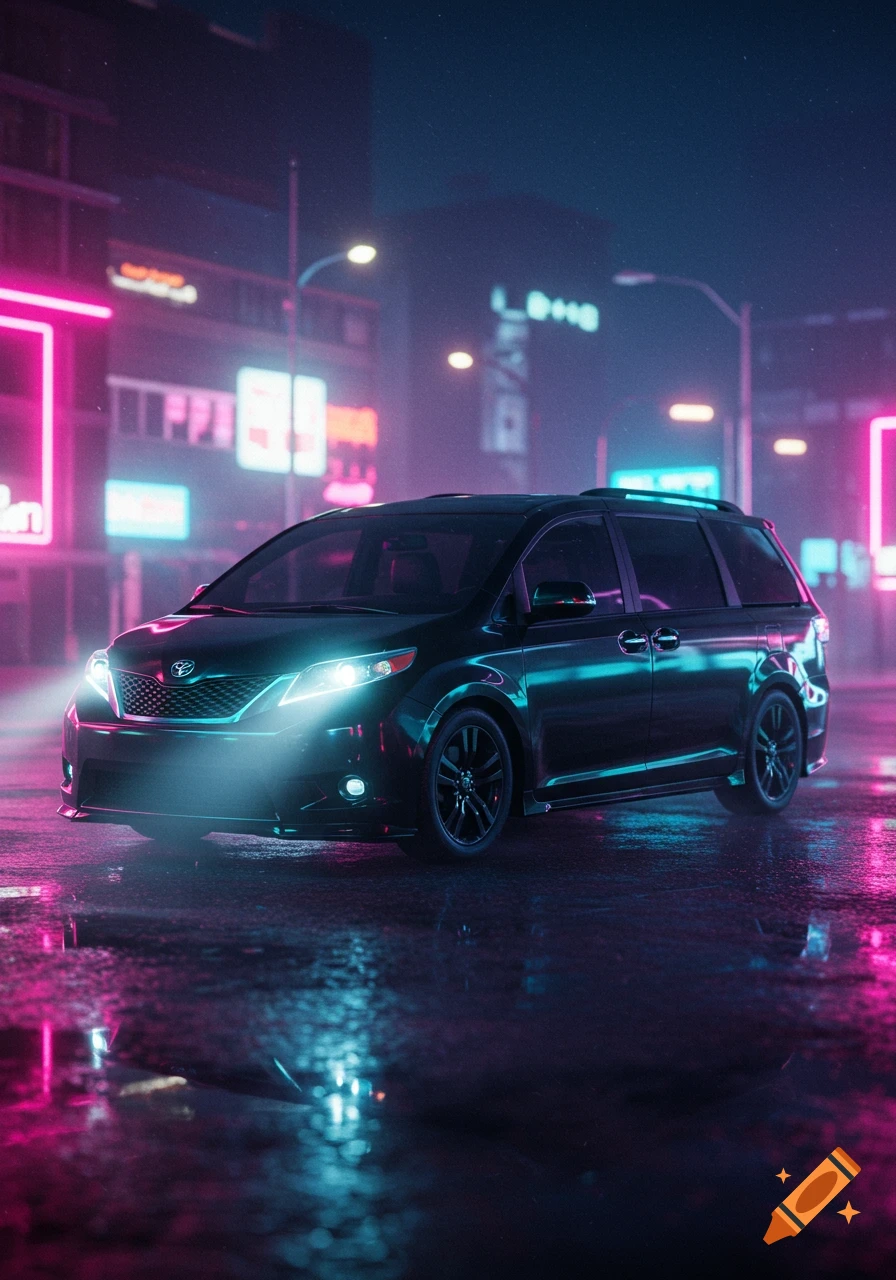 A sleek black Toyota Sienna minivan parked on a wet city street at night, illuminated by vibrant pink and blue neon lights from surrounding buildings.