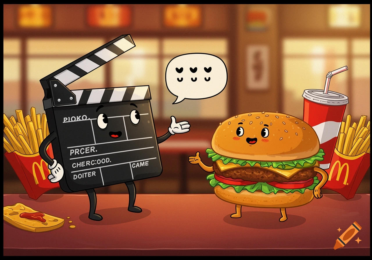 A cartoon clapboard character with arms and legs talks to a cartoon burger character with arms and legs in a fast-food restaurant.