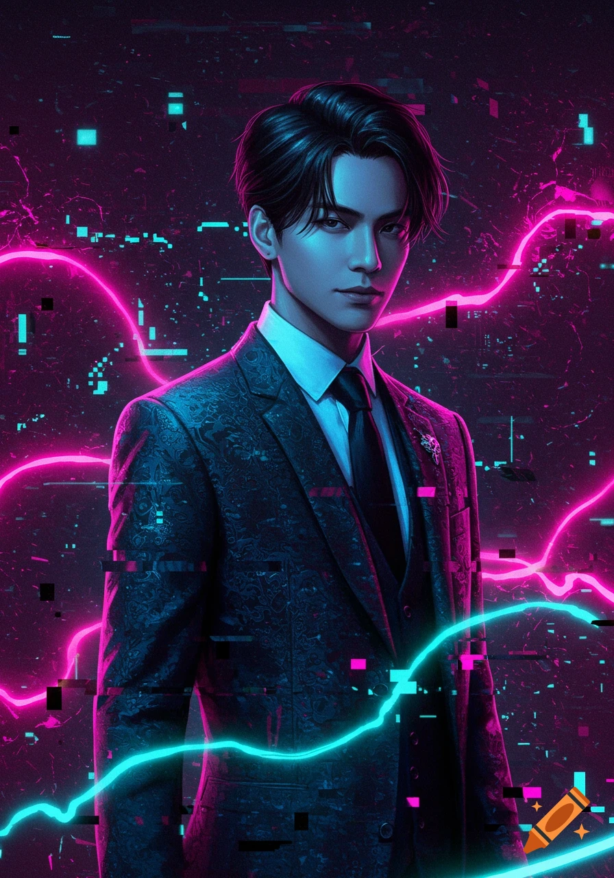 A digital art portrait of a man in a suit with black hair, surrounded by pink and blue neon lights and glitch effects.