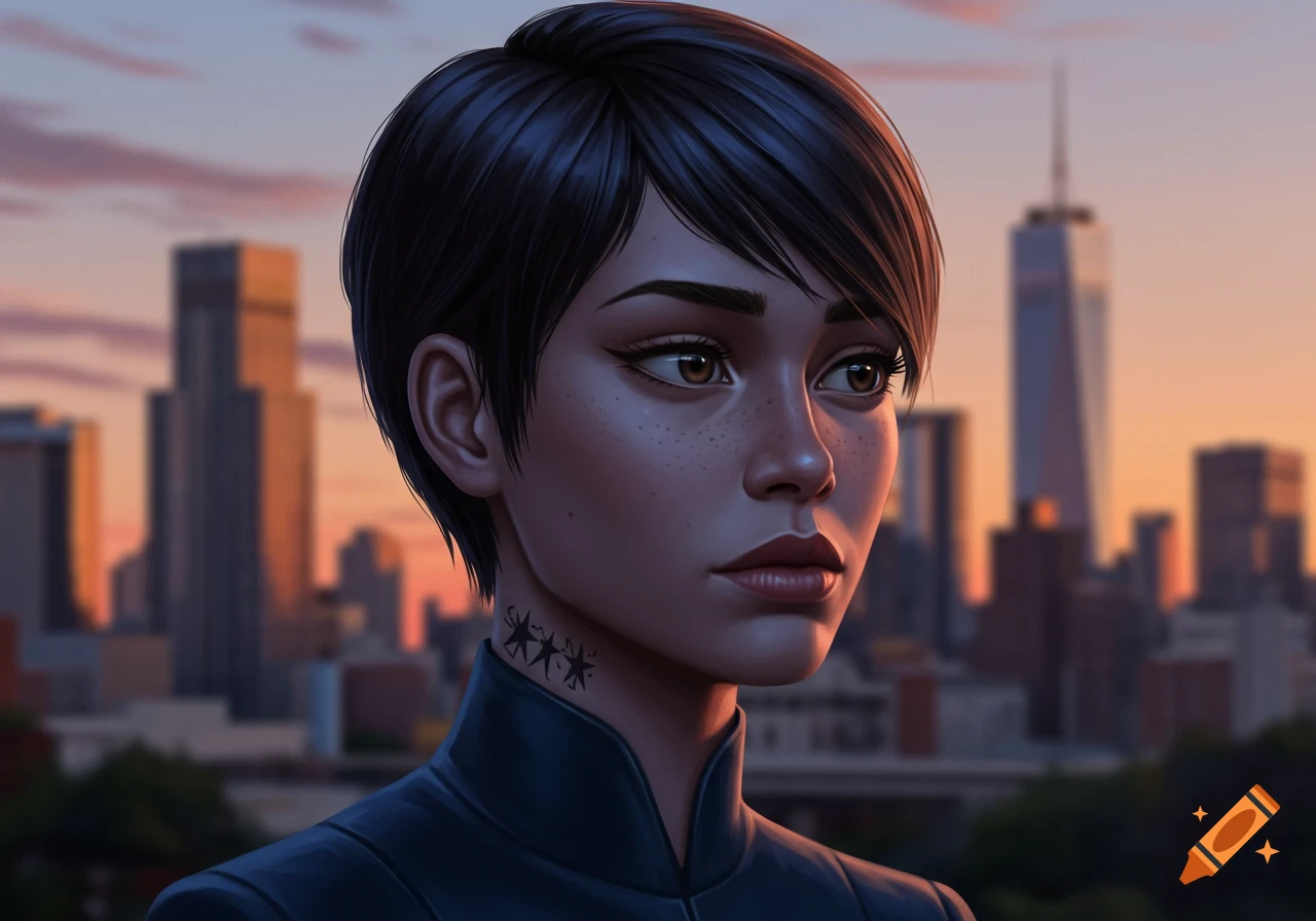 A stylized portrait of a woman with short dark hair and freckles, looking to the right. She wears a dark top, with a dark tattoo on her neck. A city skyline at sunset is in the blurry background.