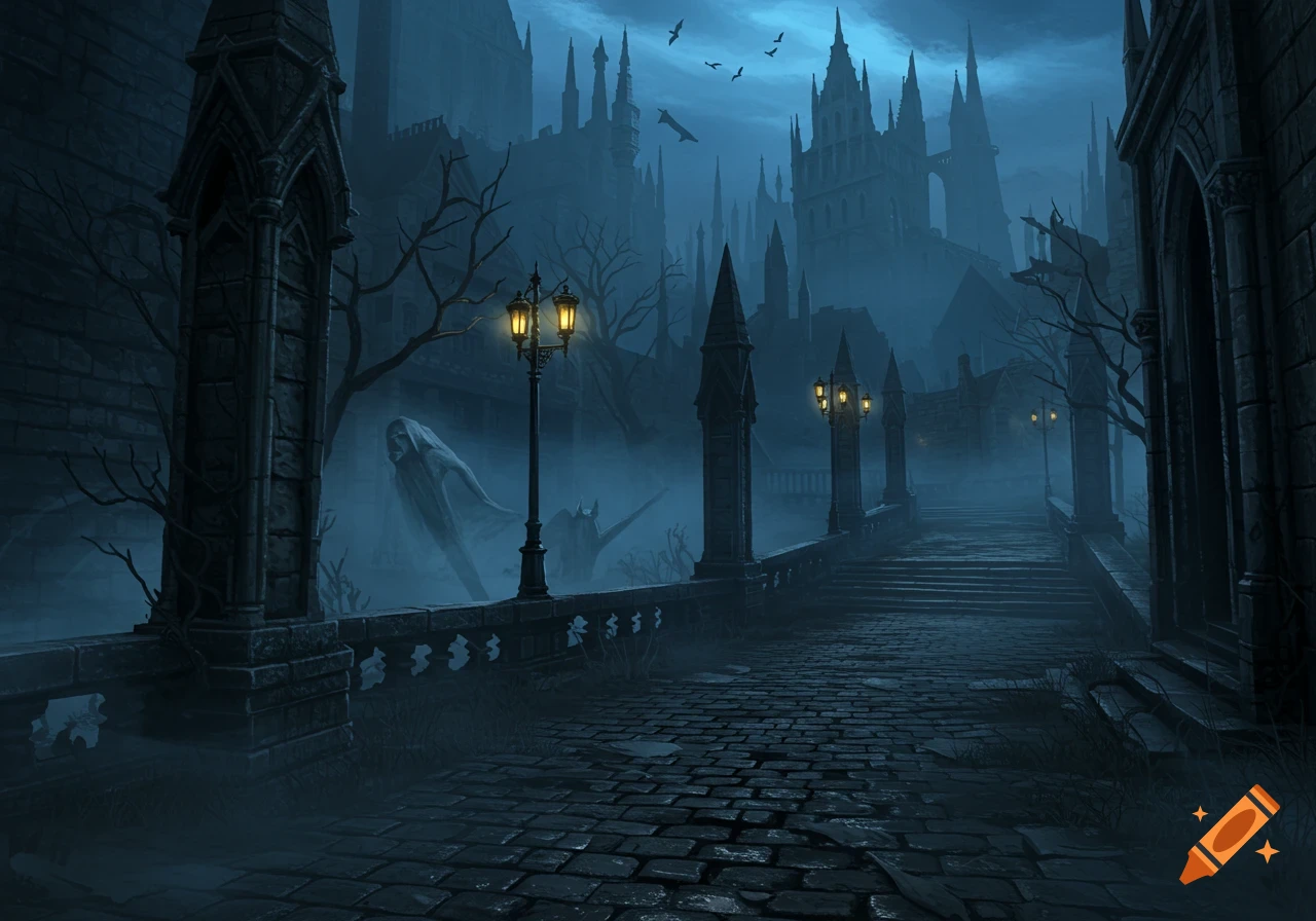 A dark, moody painting of a gothic city at night, shrouded in blue fog, with a ghost-like figure and glowing street lamps.