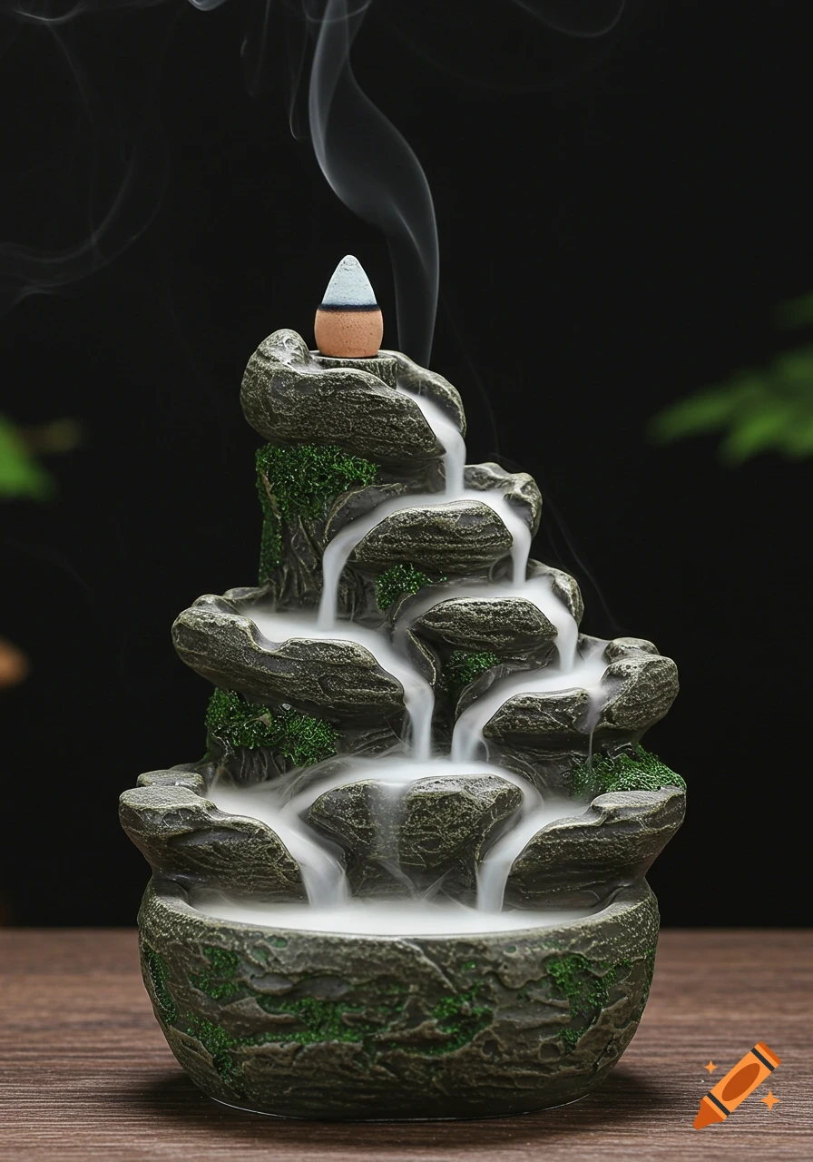 A stone incense holder shaped like a mossy mountain with white smoke flowing down like a waterfall.