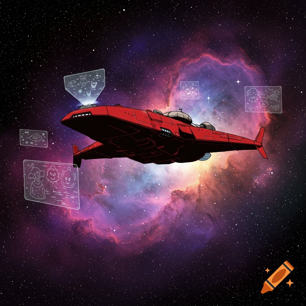 A red spaceship with holographic screens flies through space, with a vibrant purple and orange nebula in the background.