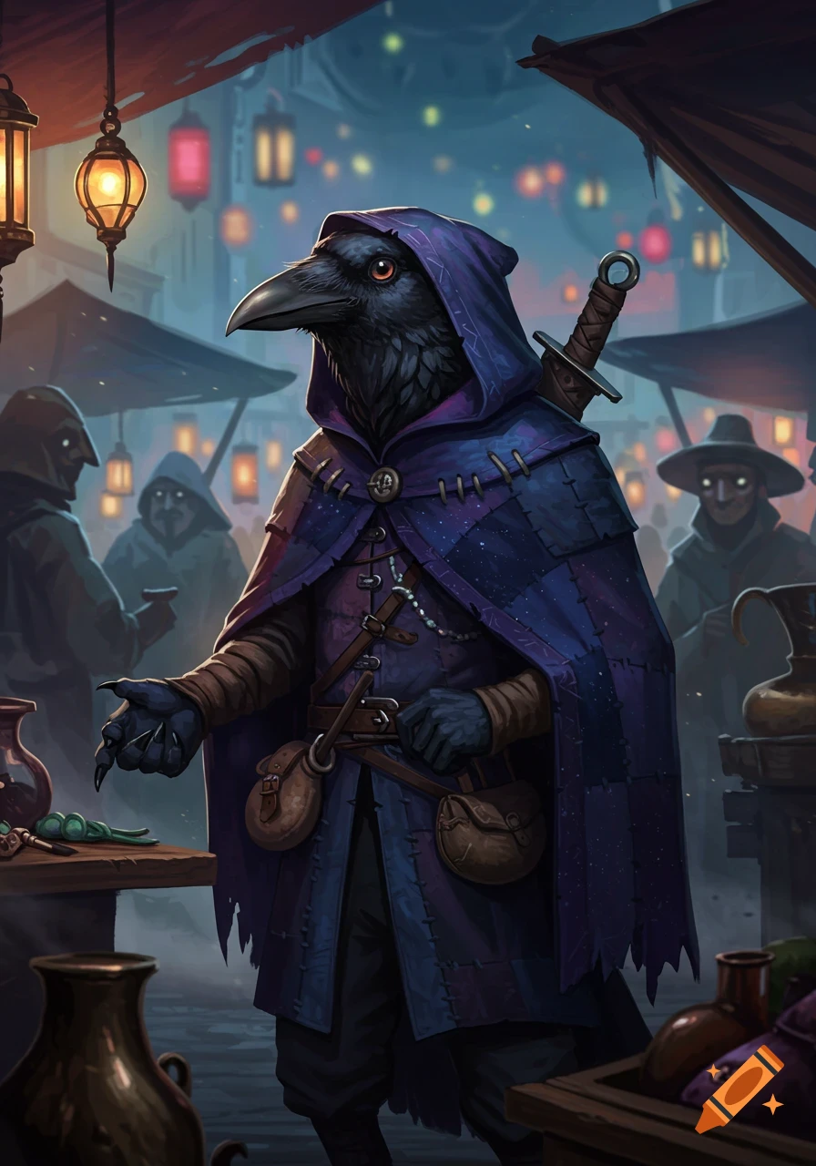 A humanoid crow character in a purple hooded cloak stands at a bustling, lantern-lit marketplace stall at night, with other figures in the background.