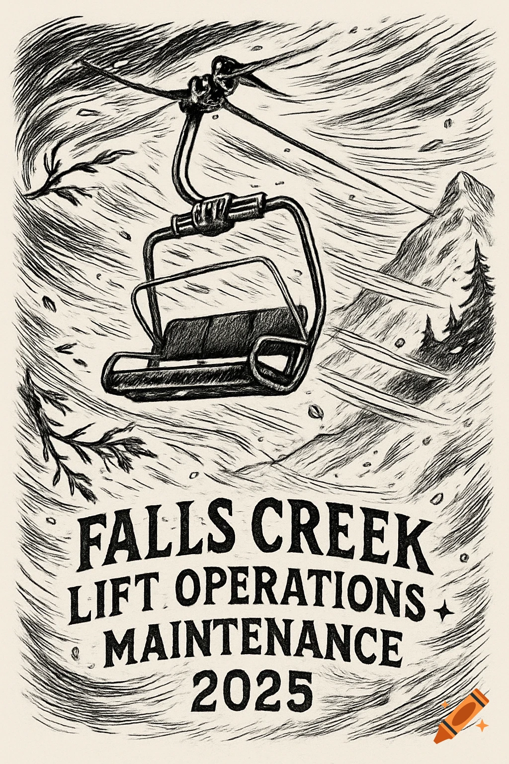 A black and white illustration of a ski chairlift and tree branches being swept by strong winds over a mountain. Text reads "FALLS CREEK LIFT OPERATIONS MAINTENANCE 2025".