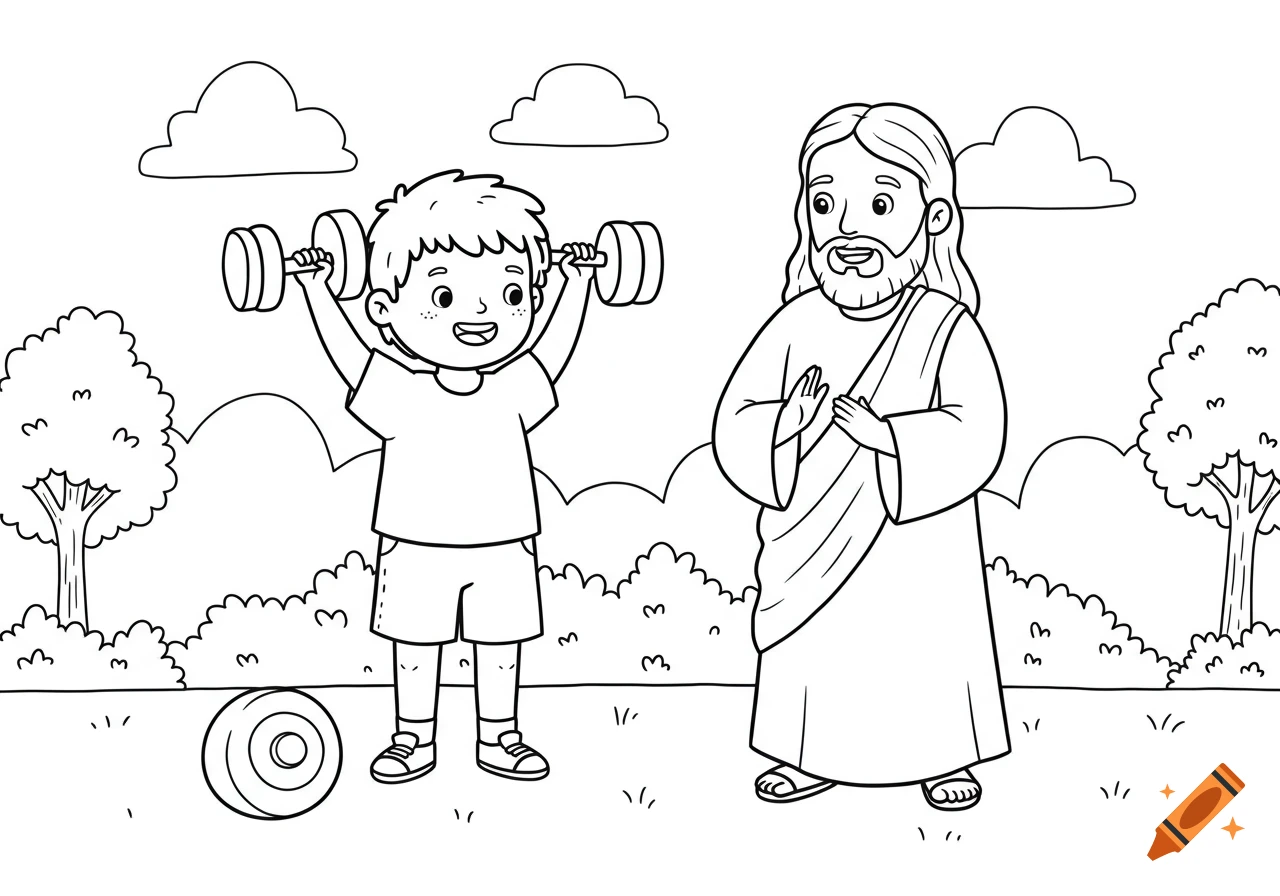 A black and white line drawing of a smiling child lifting small weights with Jesus standing beside, in a kids' coloring book style.