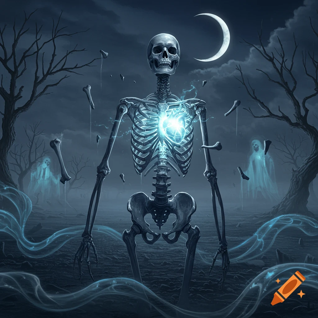 A skeletal figure with a glowing blue heart stands in a dark, spooky landscape with bare trees, floating bones, ghostly figures, and a crescent moon.