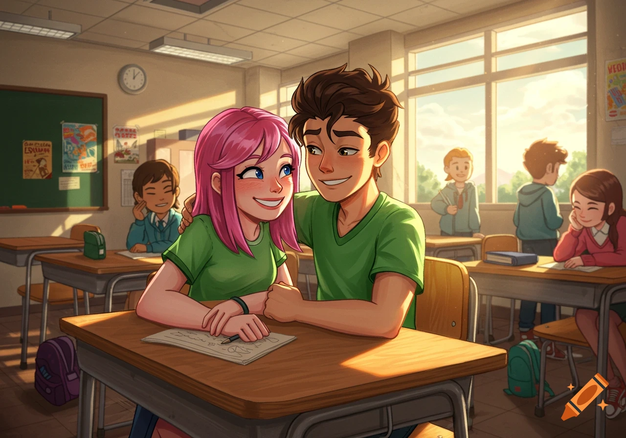 An anime-style illustration of a boy with his arm around a pink-haired girl in a sunny classroom, surrounded by other students.