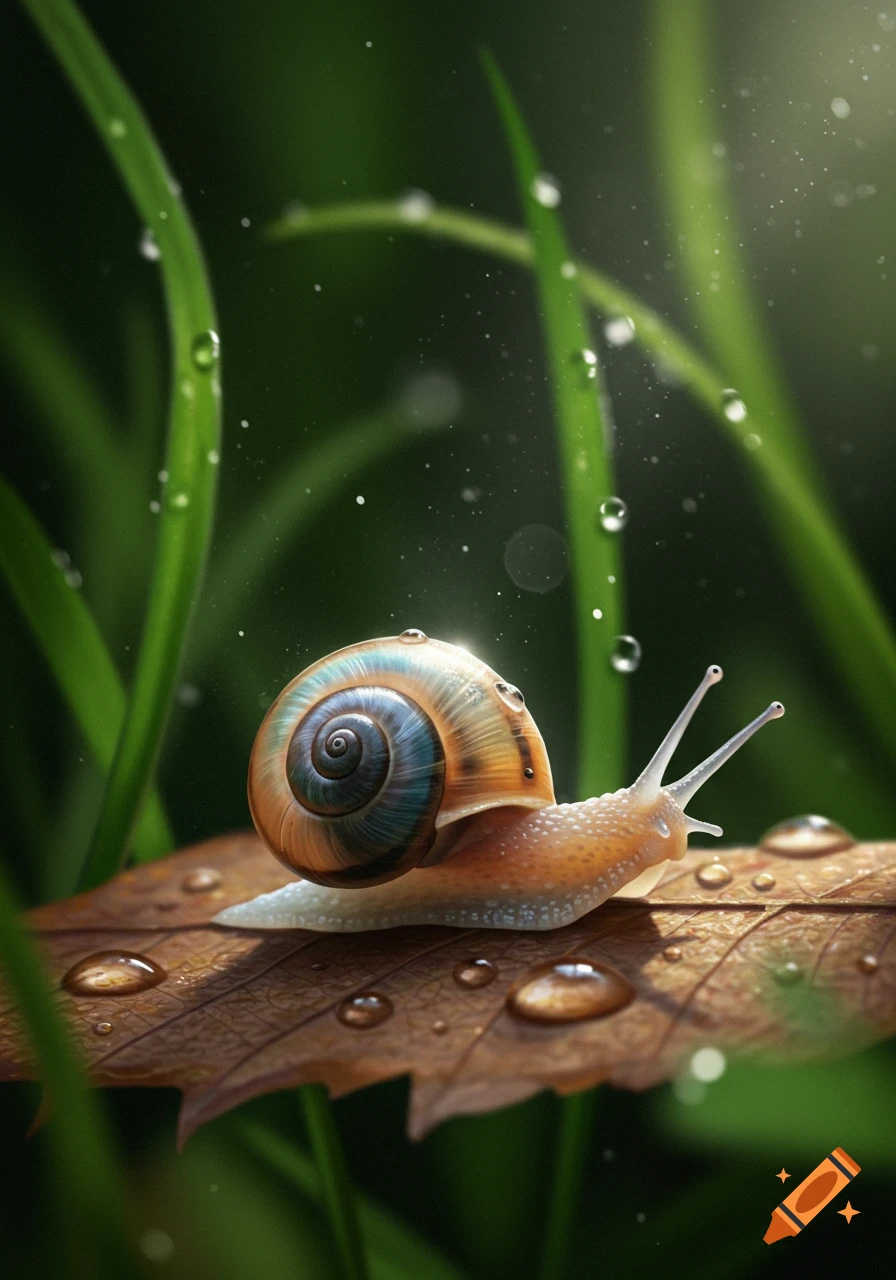 Photorealistic close-up of a snail with a colorful shell on a wet brown leaf, with green grass in the background.