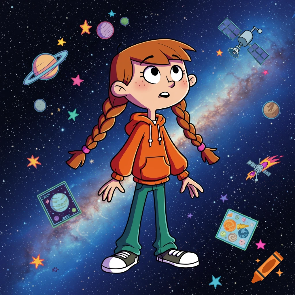 A cartoon girl with braided red hair in an orange hoodie and green pants floats in space with planets, stars, satellites, and educational cards.