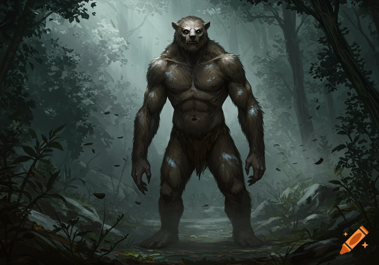 A large, muscular bear-man creature stands in a dark, misty forest in a realistic illustration.