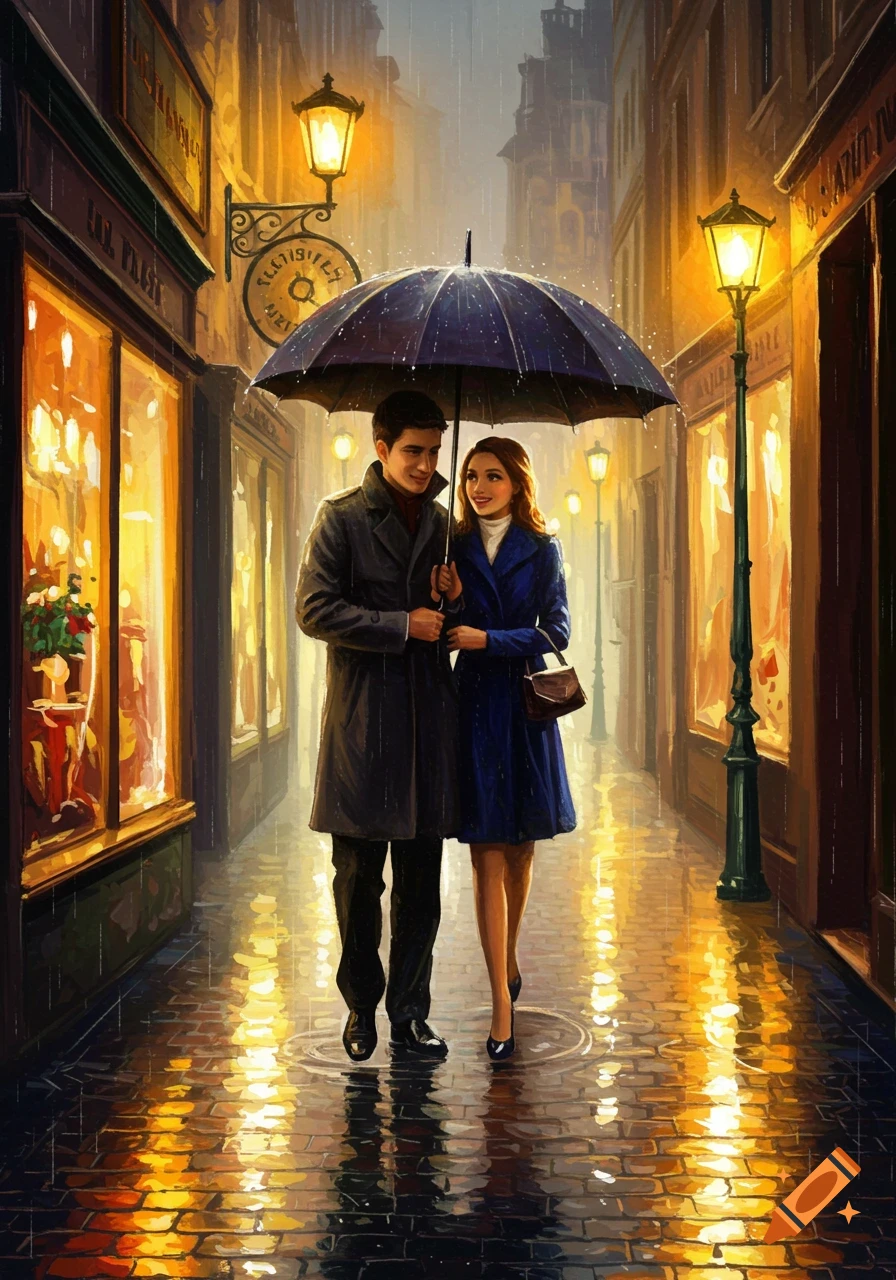 A man and woman walk arm-in-arm under a black umbrella on a rainy city street at night, illuminated by golden streetlights and shop windows.