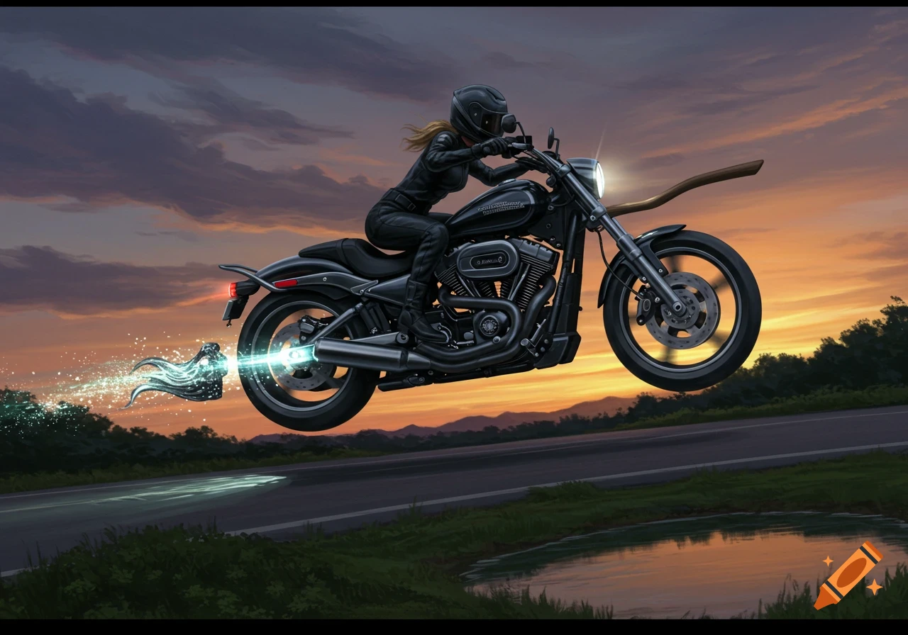 An illustrated female rider on a flying Harley Davidson motorcycle with a magical trail, soaring over a road and pond at sunset.