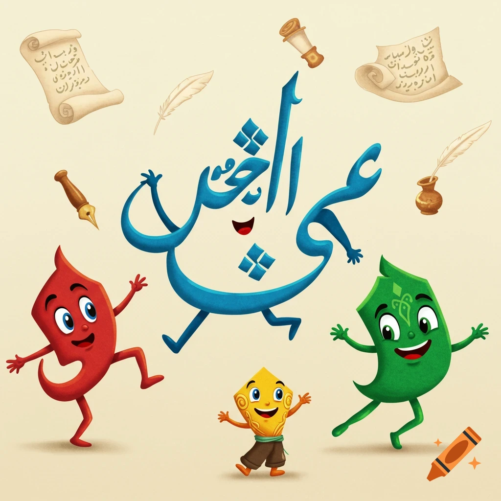 A vibrant cartoon illustration featuring a large blue Persian calligraphy character with a face and limbs running, surrounded by smaller red, yellow, and green character-like shapes. Scrolls, quills, and inkwells float in the background.