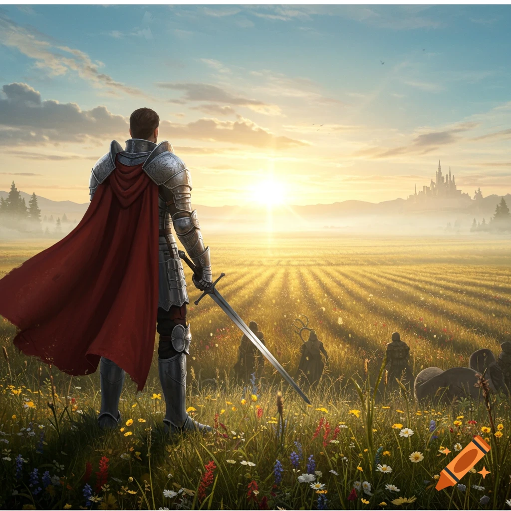 A knight in shining armor with a red cape stands in a flower field at sunset, looking towards a distant castle.