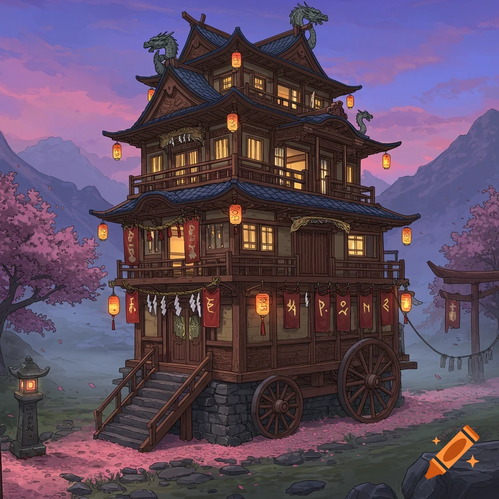 A multi-story Japanese-style building on wheels, resembling a wagon, with dragons on the roof, cherry blossom trees, and mountains in the background at sunset.